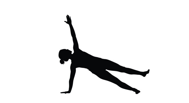 A gymnast performing a side plank exercise showcases core strength and physical balance through a precise silhouette on a white background.