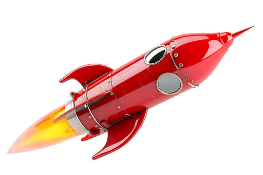 Red retro rocket ship blasting off on transparent background