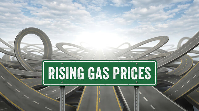 Green road sign with rising gas prices text positioned in front of a tangled network of looping highways and complex asphalt roads.