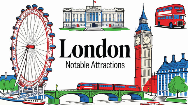 London Notable Attractions Hand-Drawn Doodle Style Cityscape Illustration