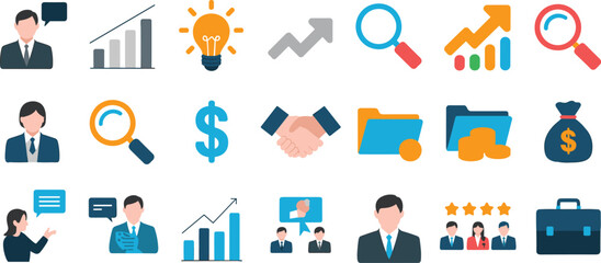 Fototapeta premium Business finance and marketing icon set with analytics growth communication sales strategy and corporate management concepts