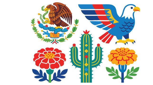 Mexican Folk Art Symbol Set: Vibrant Vector Eagle, Cactus, and Marigold Flowers