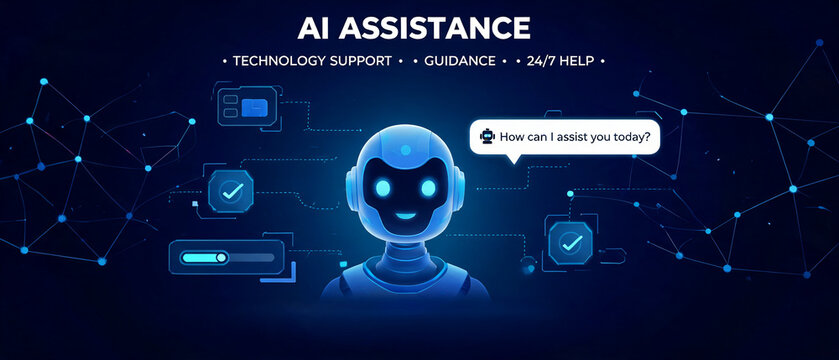 ai assistance technology concept. AI assistant concept with chatbot robot offering technology support, guidance, and 24/7 help on a dark digital background.
