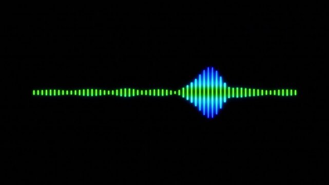 Animated colorful glowing equalizer music visualizer with vertical bars in blue and green hues oscillating on a dark black background for audio projects