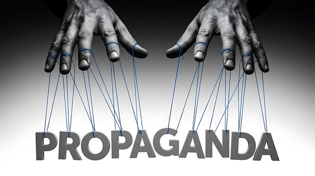 Hands acting as a puppeteer controlling the word propaganda with blue strings to represent political manipulation and media influence.