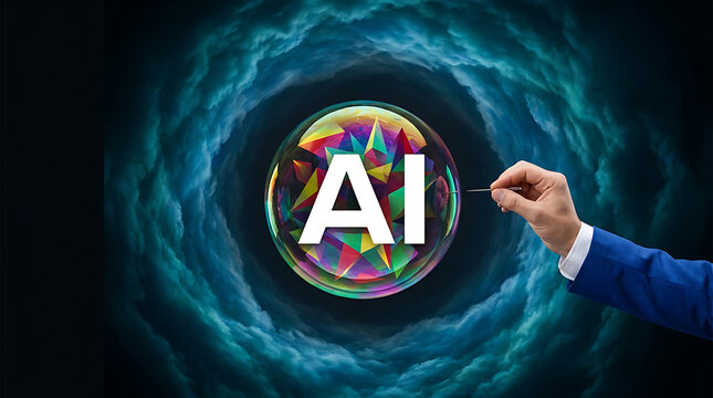 Hand in a blue suit popping a colorful artificial intelligence bubble with a needle against a dark swirling cloud background representing the AI hype cycle