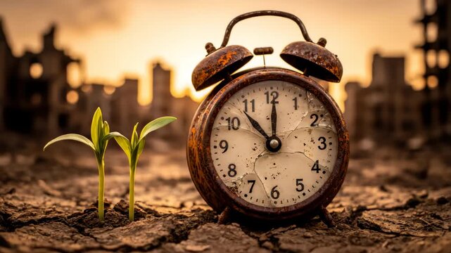 An old rusty alarm clock sits with green sprouts in a ruined landscape.