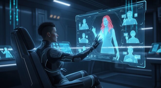Woman using futuristic holographic display in high tech command center