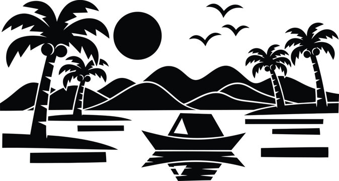 Tropical island getaway with palm trees and boat
