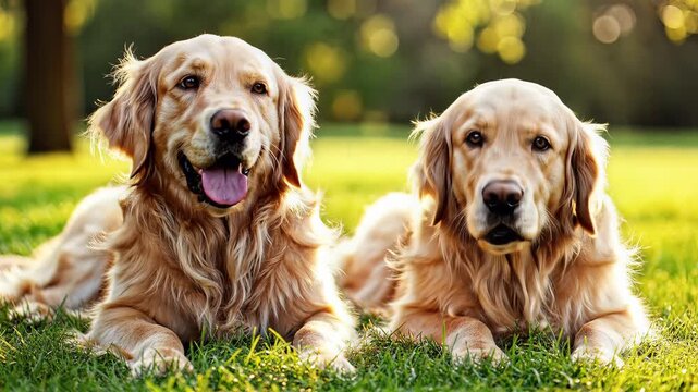 Two Golden Retriever Dogs Relaxing on Green Grass Outdoors.