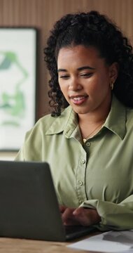 Businesswoman, smile and typing with laptop in office, legal assistant and research for case on web. Law firm, paralegal and happy person with tech for trial preparation, online and reading draft