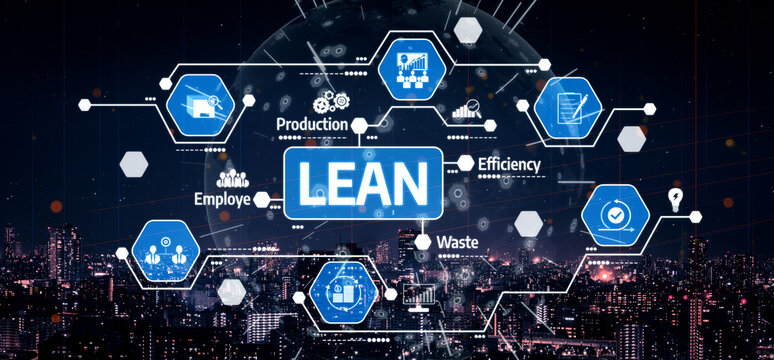 This image showcases a conceptual representation of lean management principles, illustrating key elements like efficiency and waste reduction against a modern city backdrop. Tessel
