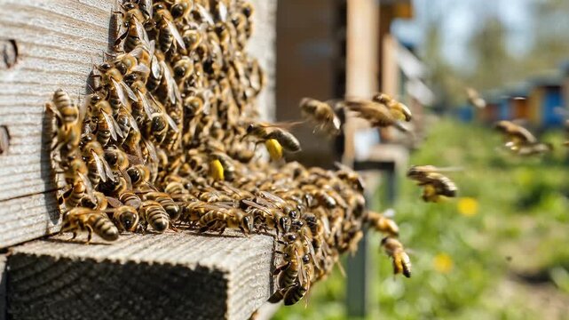 Honeybees swarming around a wooden beehive entrance on a sunny day.