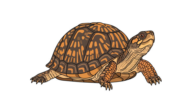 Detailed box turtle illustration featuring a brown and orange patterned shell and textured skin isolated on white background