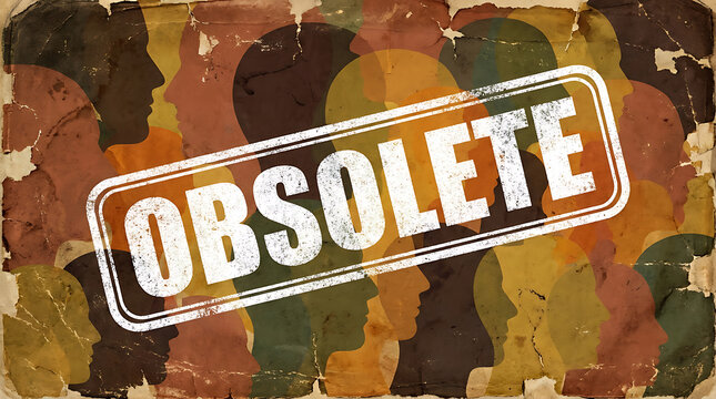 Obsolete stamp over a crowd of diverse human silhouettes on a vintage grunge background representing outdated social concepts.
