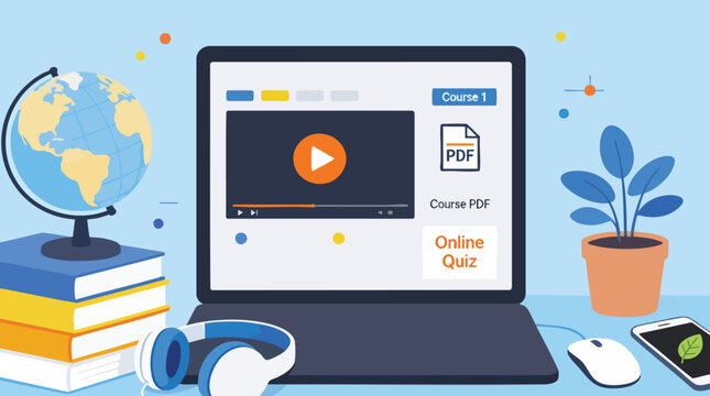 Online Education Concept with Laptop Video Course Books Headphones and Globe Icon