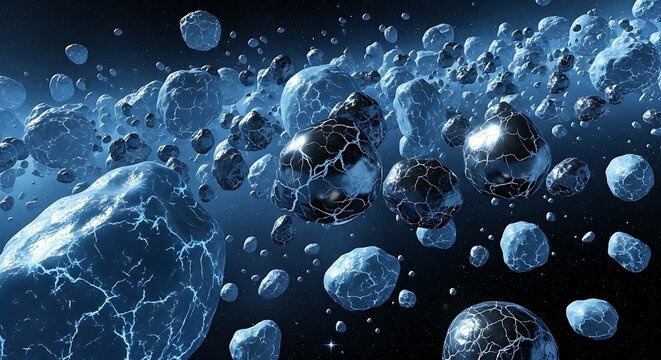 Deep Space Asteroid Belt with Illuminated Rocks and Cosmic Dust, Sci-Fi Exploration. astroid belt