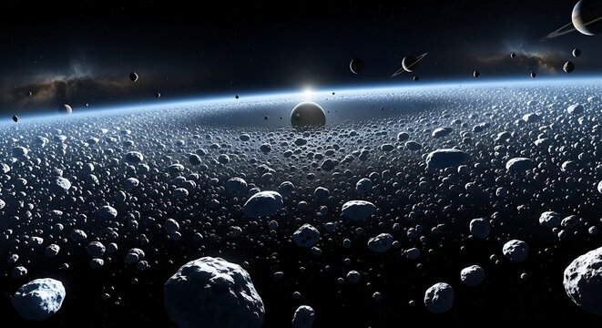 futuristic asteroid mining colony in space with earth view and cosmic lighting sci-fi concept. astroid belt
