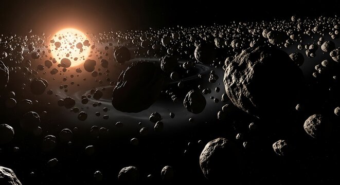 Vast Asteroid Belt with Distant Sun on Horizon, Cosmic Space Exploration. astroid belt