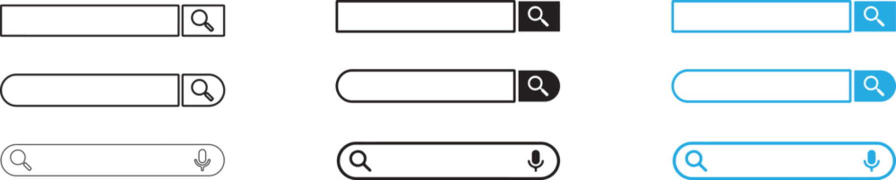 A set of flat vector graphic search bar interface elements featuring diverse styles for modern website and application design layouts