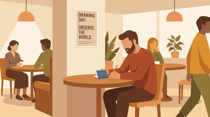 Fototapeta premium Man Sketching in a Cozy Cafe Flat Vector Illustration