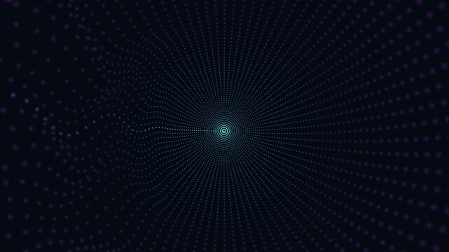 A dark background featuring swirling concentric rings and waves of glowing purple and teal dots, creating a sense of depth and movement.