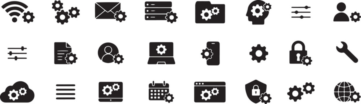 Professional set of black vector icons showing various technical settings for digital devices and computing software systems and tools