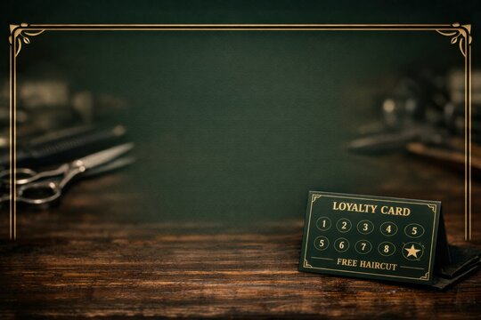 Card displays slots for haircuts with a barbershop theme and utensils in the background. The card promotes a free haircut after multiple visits.