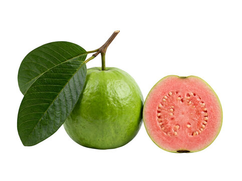 Ripe green guava with stem and leaves, half cut revealing pink flesh, isolated on transparent background
