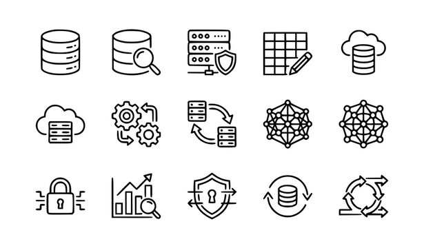 Database and big data line icon set for data storage, information system and database management technology vector illustration