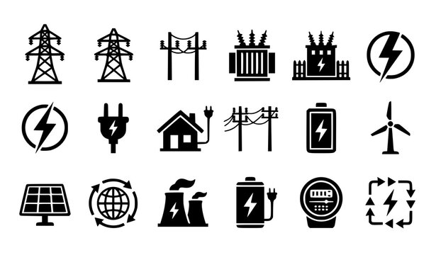 Electric power transmission tower and energy grid icon set with high voltage lines, transformers and electricity infrastructure vector illustration