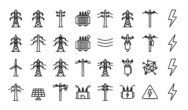 Electric power transmission tower and energy grid icon set with high voltage lines, transformers and electricity infrastructure vector illustration