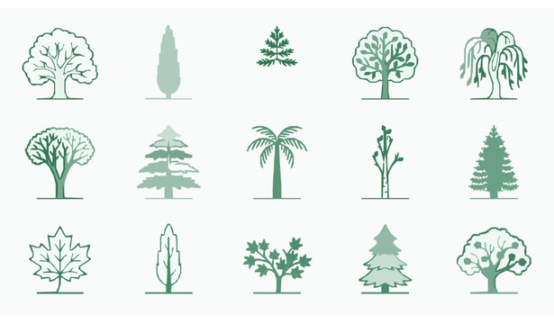 Green tree icon set with oak, cypress and landscaping tree collection for nature, park and environmental design vector illustration