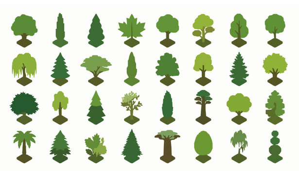 Green tree icon set with oak, cypress and landscaping tree collection for nature, park and environmental design vector illustration