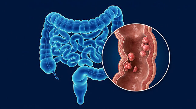 Human digestive system with a detailed cross-section of the colon showing polyps and colorectal cancer tumors.