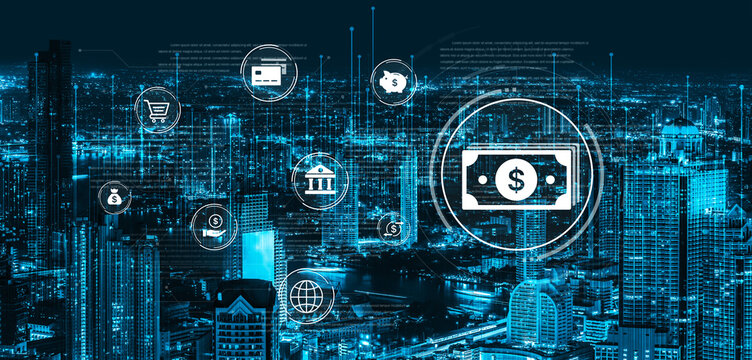 A fintech concept showing a network of digital banking services. This includes secure online payments, global transactions, and e-commerce for the modern financial system. Fermion