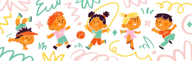 Modern graphic design with active cheerful children characters and abstract elements. Active kids boys and girls doing sport and fun activities. Vector graphic design elements collection for children. © Popmarleo
