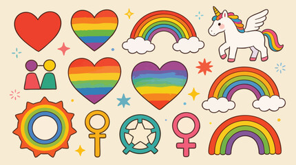 Retro Pride Icon Set: Hand-Drawn Rainbow Hearts, Unicorns, and LGBTQ+ Symbols © Myint