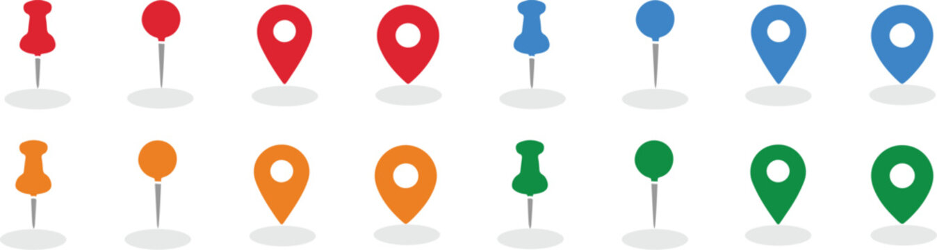 Colorful map markers and push pins set isolated on white background as a professional vector graphic design for web use