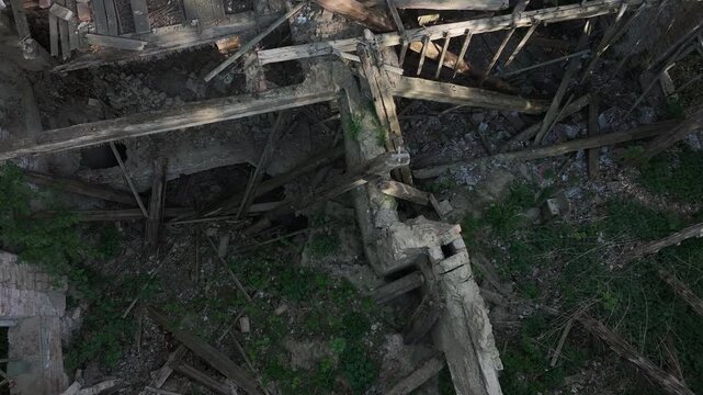 Aerial old ruins historic manor house Poland climb inside . Drawsko northern Poland. Farm manor house in rural country farming landscape and economy. Abandoned after a century use, wealthy land owner.