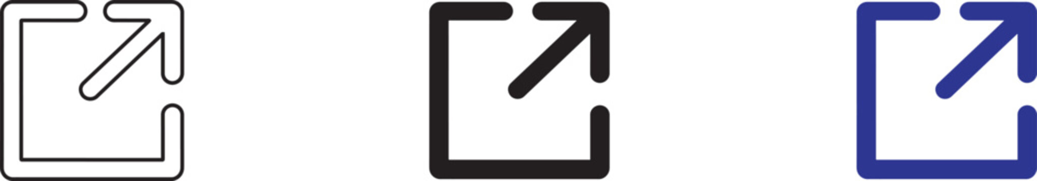 Minimalist vector graphic set showing three distinct variations of the external link icon for modern web interface user navigation