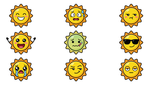 Bright sun characters with different weather and emotional expressions, ideal for apps, vector illustration.