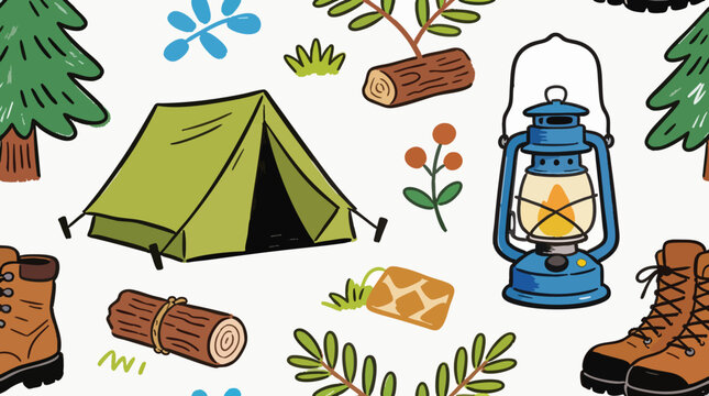 Seamless Hand-Drawn Camping Doodle Pattern with Tent, Lantern, Boots, and Trees