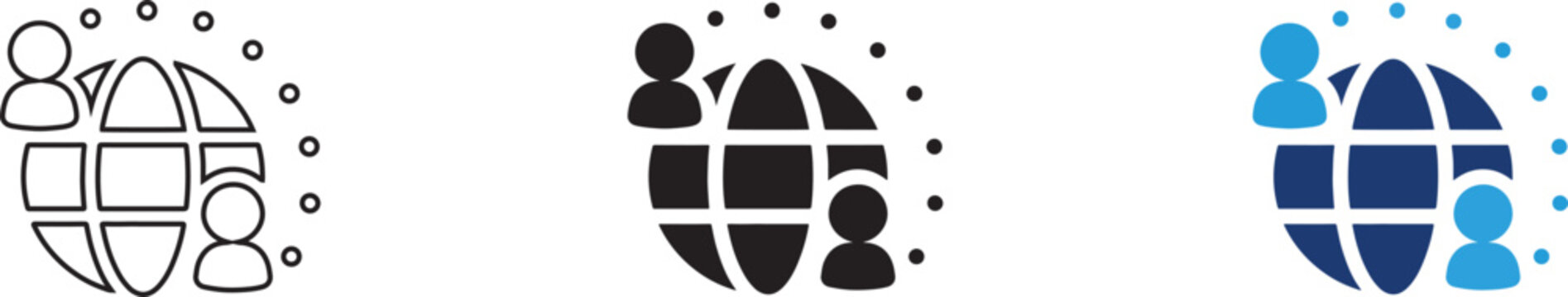 Three variations of a global community vector illustration showing stylized human figures connected by dots around a central sphere icon