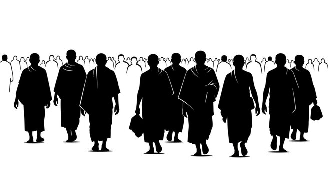 Silhouette of a large group of Muslim male pilgrims wearing traditional ihram clothing walking during the Hajj or Umrah pilgrimage, minimalist black and white vector illustration.