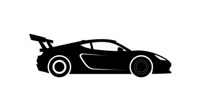 Minimal black silhouette icon, simple flat vector, bold black shape, no, no shading black silhouette of a modern sports car with a rear wing on a, flat icon style