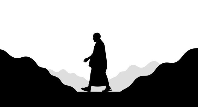 Black and white silhouette of a male Muslim pilgrim wearing traditional ihram clothing walking through a minimalist desert mountain landscape during Hajj or Umrah pilgrimage journey.