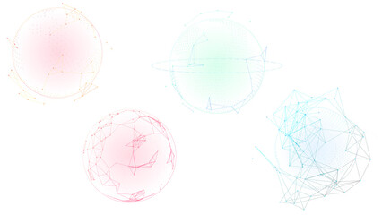 Obraz premium PNG image of Abstract digital plexus spheres set, futuristic geometric network globes in pastel colors, 4 glowing wireframe orb elements for technology design isolated on Transparent Background