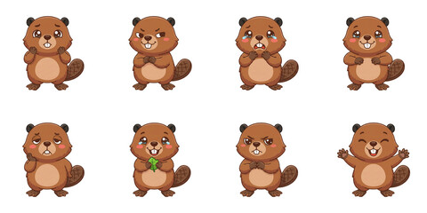 Fototapeta premium Deformed series: beaver illustration, cute beaver character set with different facial expressions, Generative AI デフォルメシリーズ：ビーバーイラスト、異なる表情をした可愛いビーバーのキャラクターセット、AI生成