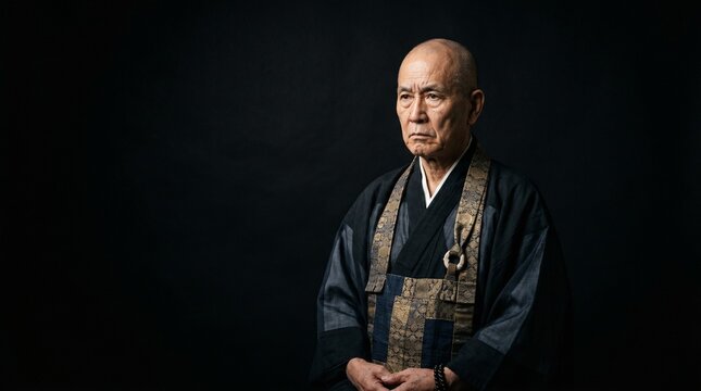 漆黒の静寂の中に浮かび上がる禅の精神。日本の伝統的な法衣を纏った僧侶の緊張感溢れる佇まい